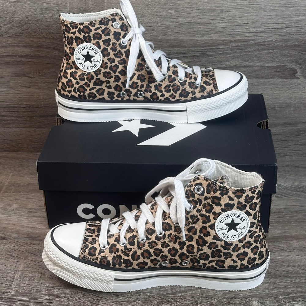 Converse CTAS EVA Lift Hi Kids 7 Leopard Print Platform Sneakers Warm Quarry NEW